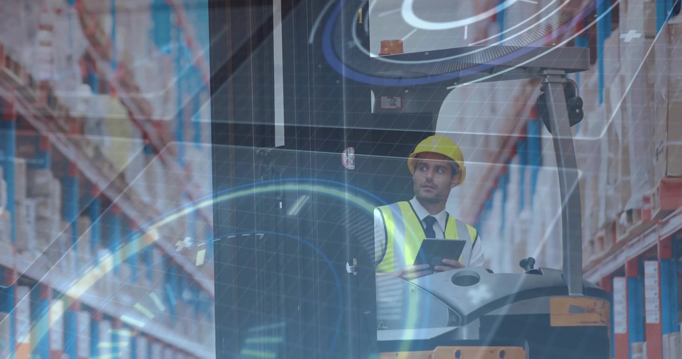 Forklift operator tapping tablet to start holographic data and confirming pallet pick in warehouse