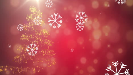 copos de nieve cayendo sobre una estrella fugaz formando un árbol de navidad contra un fondo rojo