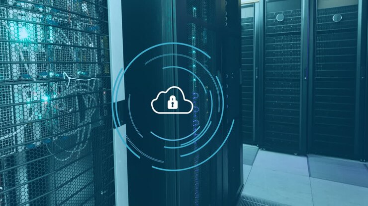Animation of padlock and cloud in loading circles over data server room