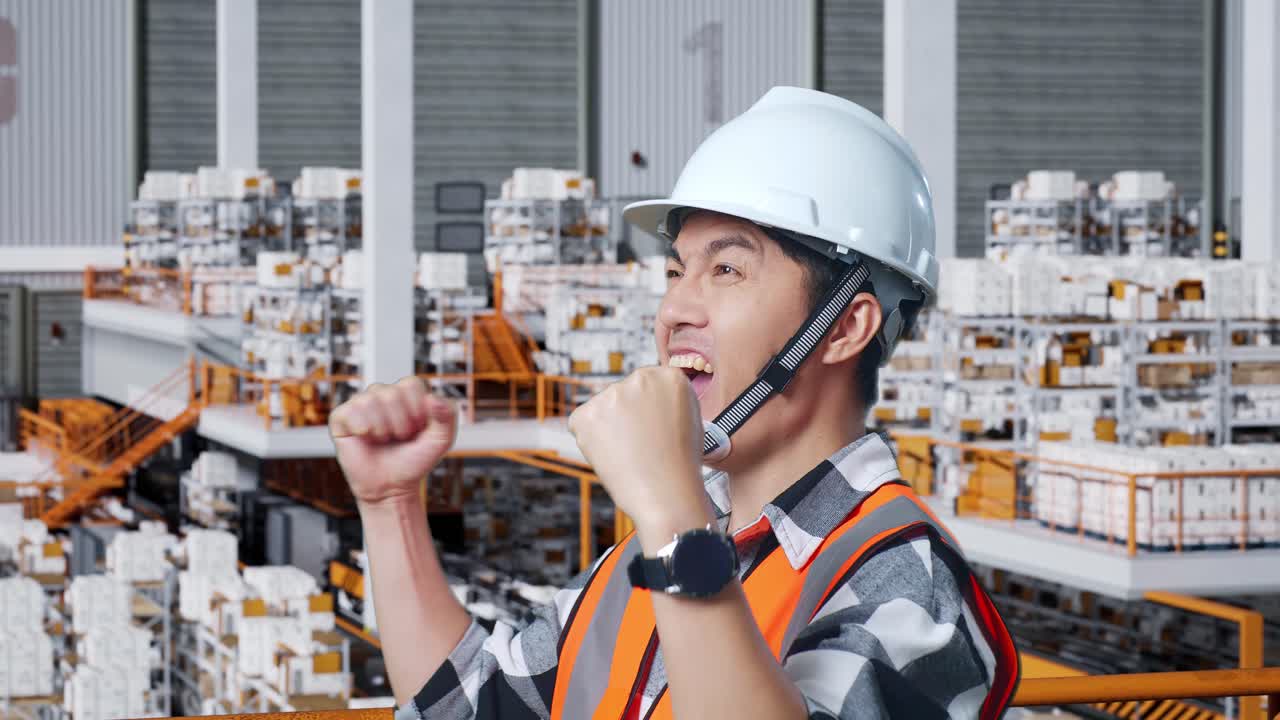안전 헬을 입은 아시아 남성 엔지니어의 가까운 측면 뷰, 서서 비명을 지르는 골, 배달 상품으로 가득 찬 선반으로 창고에서 일하는 것을 축하합니다.