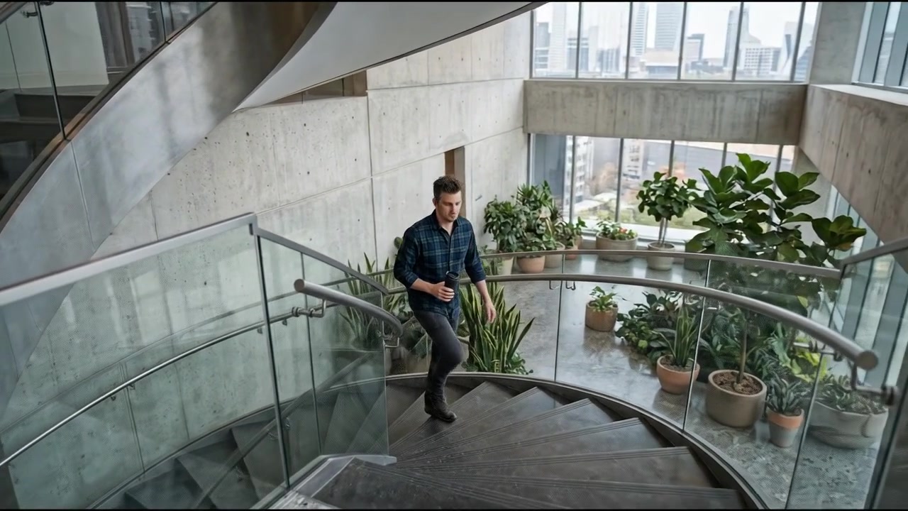 Profissional caminhando pelo átrio de um escritório moderno e interior corporativo
