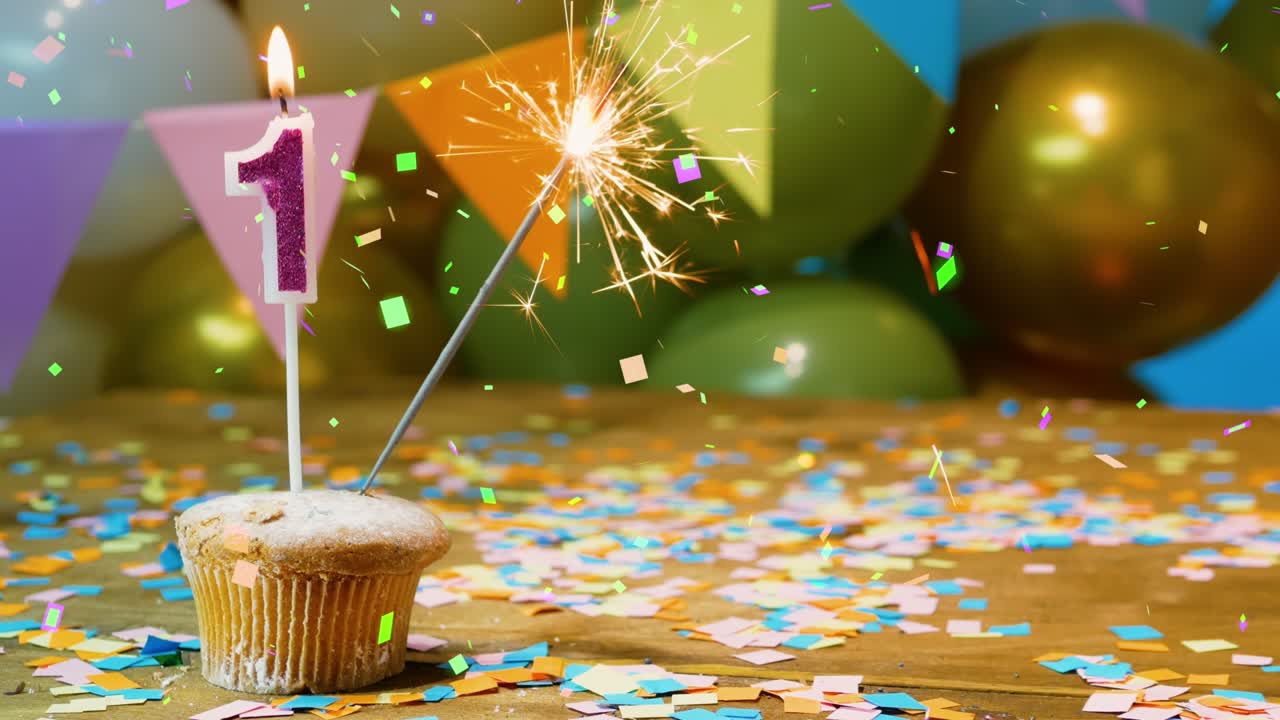 feliz cumpleaños, niño de un año copia del espacio. hermoso cumpleaños feliz número de fondo 1, cumpleaños cupcake protector de pantalla con velas, chispas y caídas de decoraciones de confeti