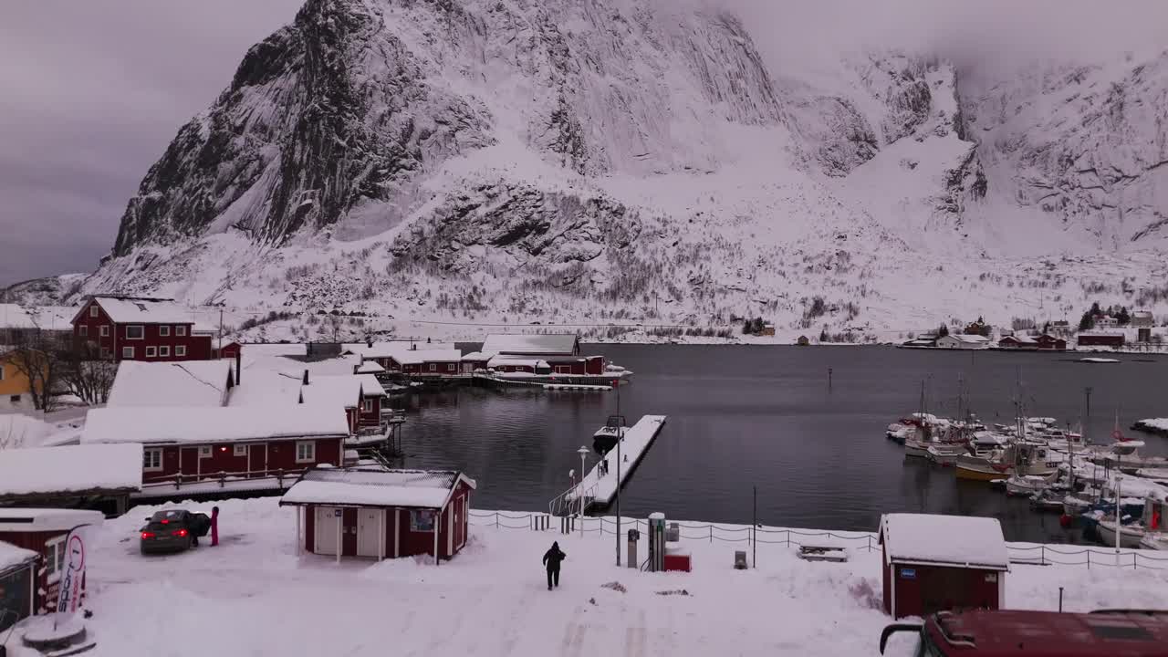 Aerial View of a Snow Covered Fishing Village in Lofoten, Norway