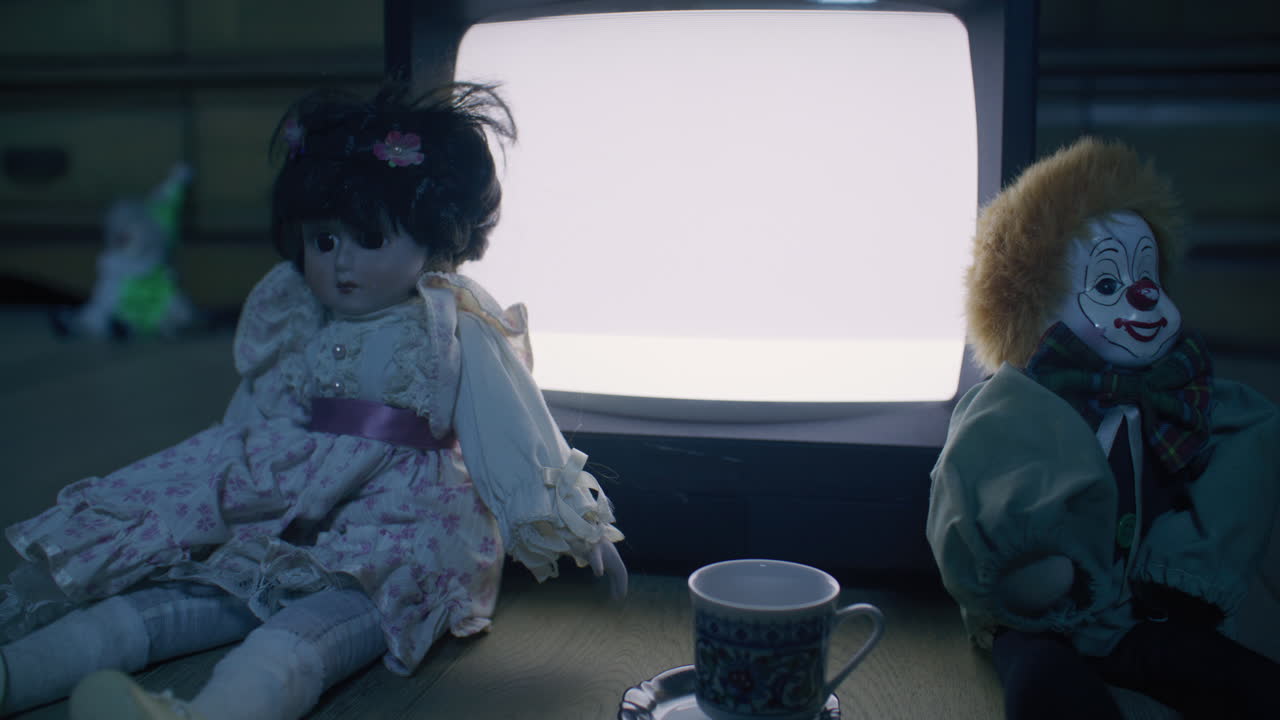 Vintage Dolls and Clown by Old Television