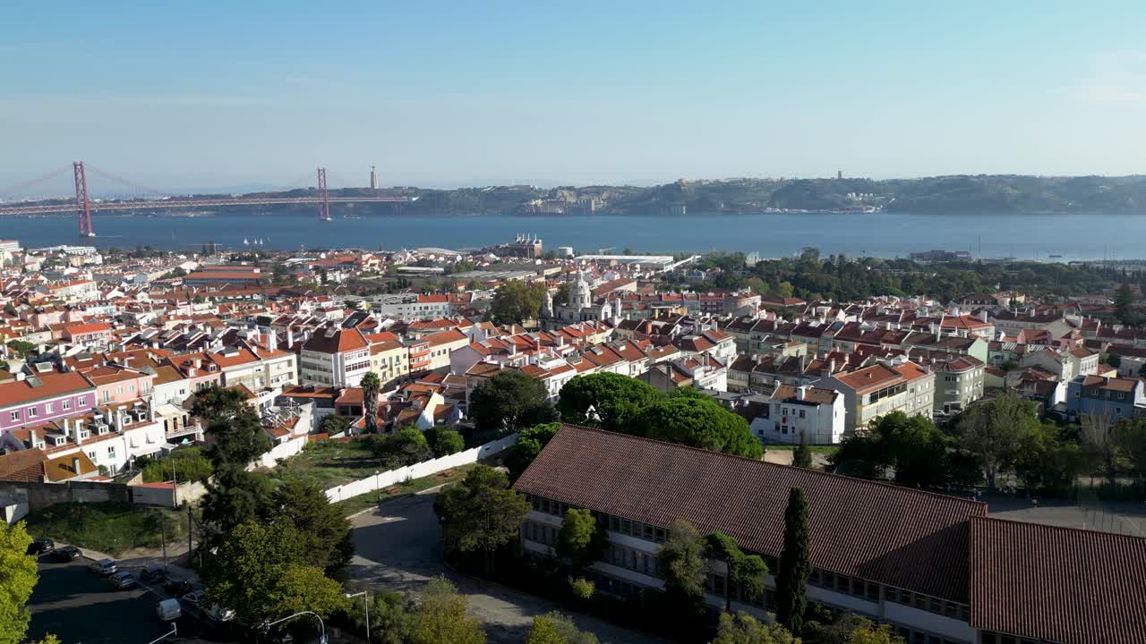 aerial view of the recovery of Lisbon buildings, with their facades facing the Tagus River, showcasing the city's revitalisation and architectural charm