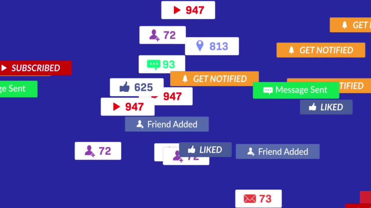 animación de los iconos de las redes sociales que caen sobre un fondo azul