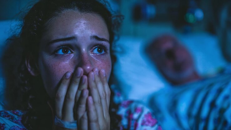 A Heart-wrenching Moment of Fear and Anxiety as a Young Woman Contemplates the Uncertainty of a Loved One's Condition in a Hospital Setting