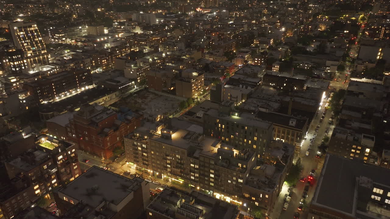 Aerial view of buildings in Brooklyn. Shot at night in New York City.