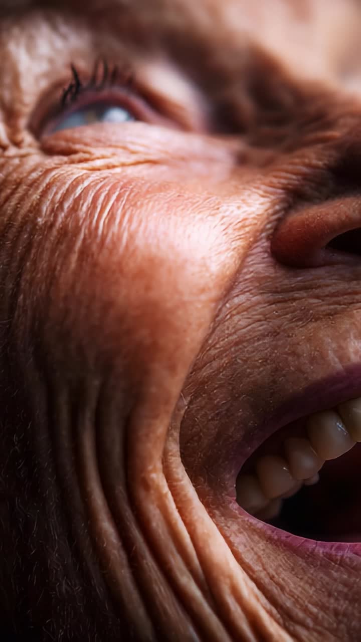 A close-up exploration of laughter and joy expressed through the intricate details of an elderly person's face, showcasing the beauty of age and emotion