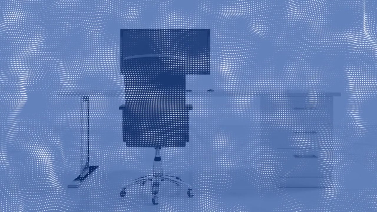 Sedia da ufficio ergonomica che rimane centrata, sovrapposizione puntinata che ondeggia e poi svanisce automaticamente rivelando il monitor