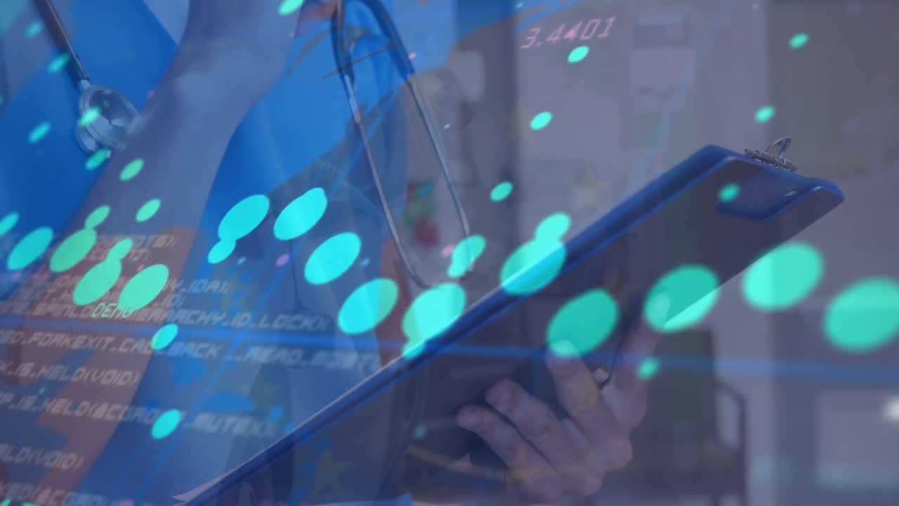 Animation of data processing over mid section of male health worker writing on clipboard at hospital