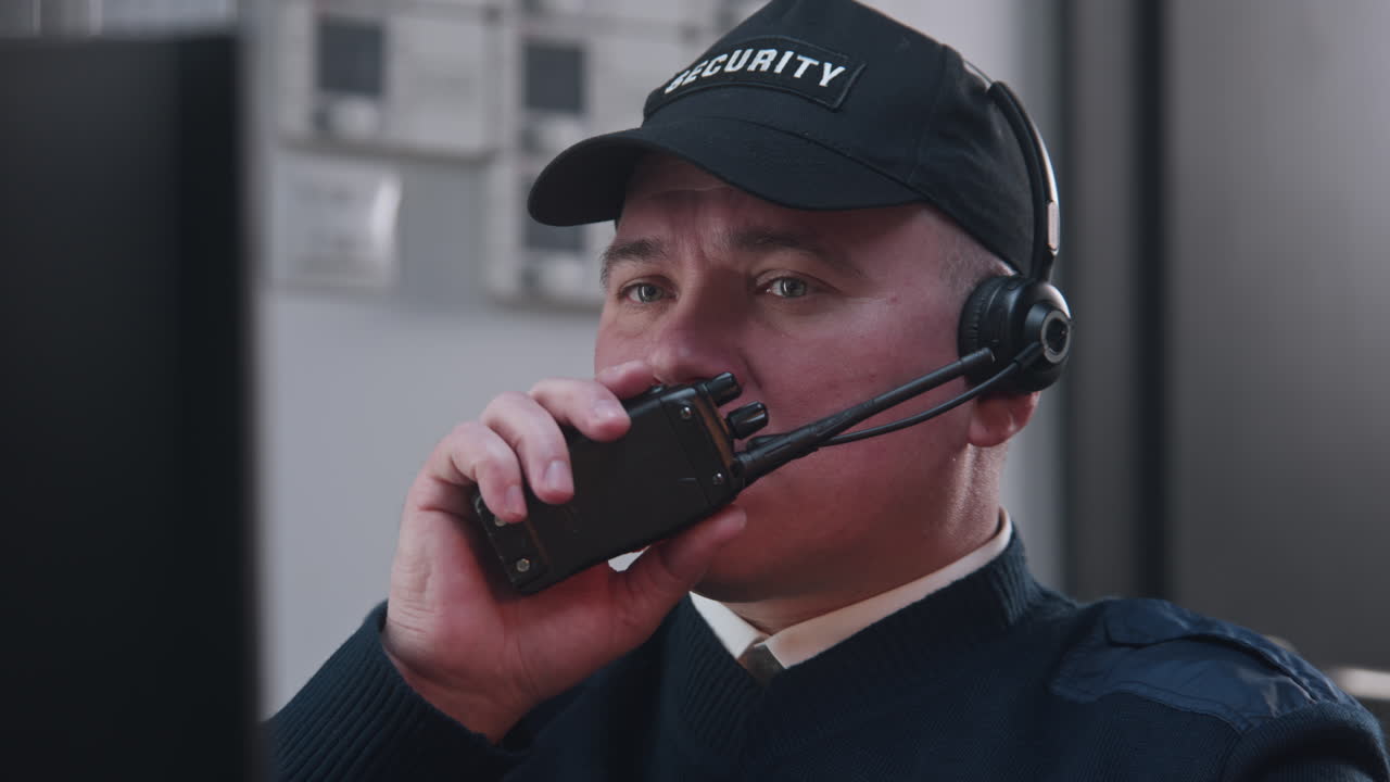 Professional Security Guard Monitoring and Communicating