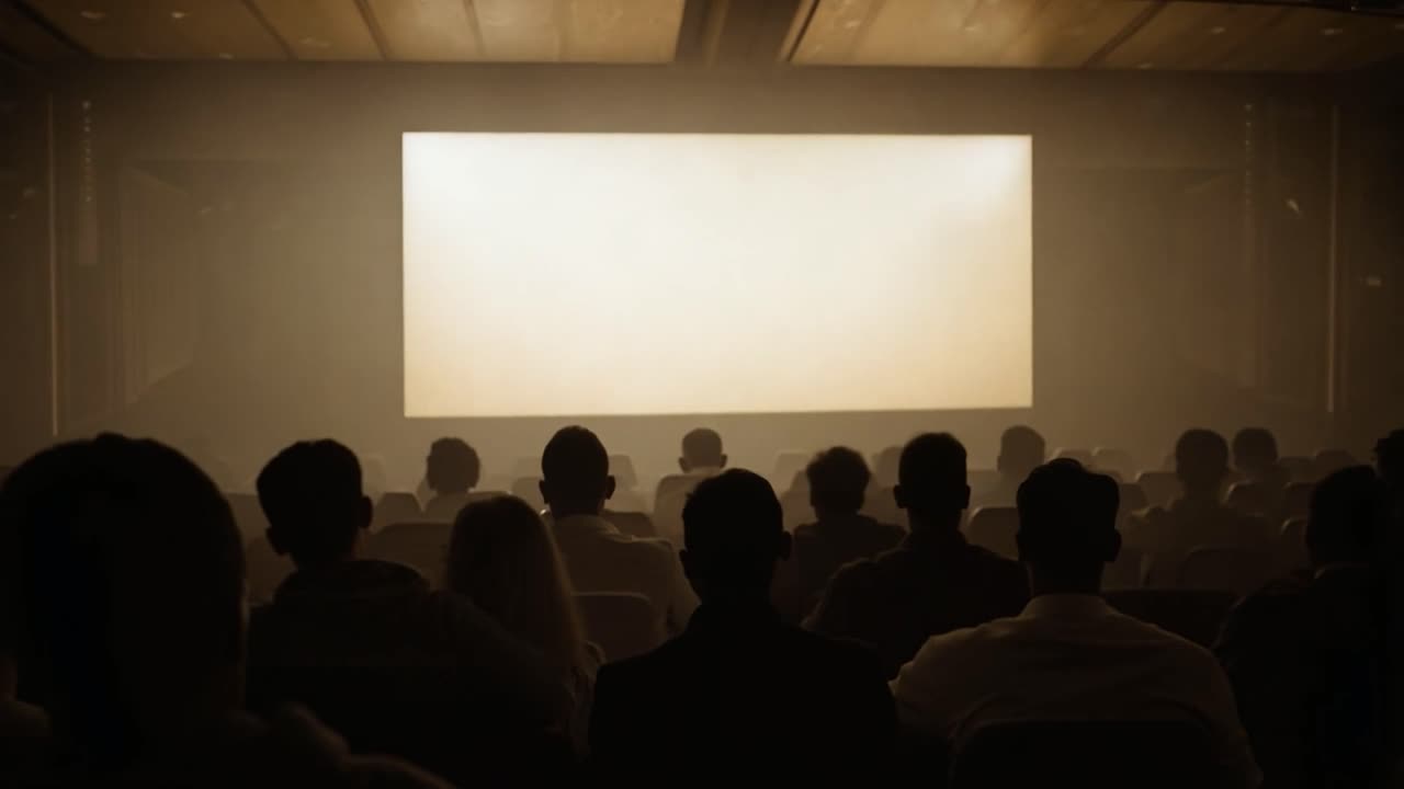 Audience members are watching a bright blank screen in a darkened theater, creating a captivating atmosphere