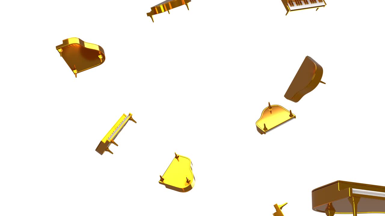 白い背景の上に飛ぶ金色のピアノ