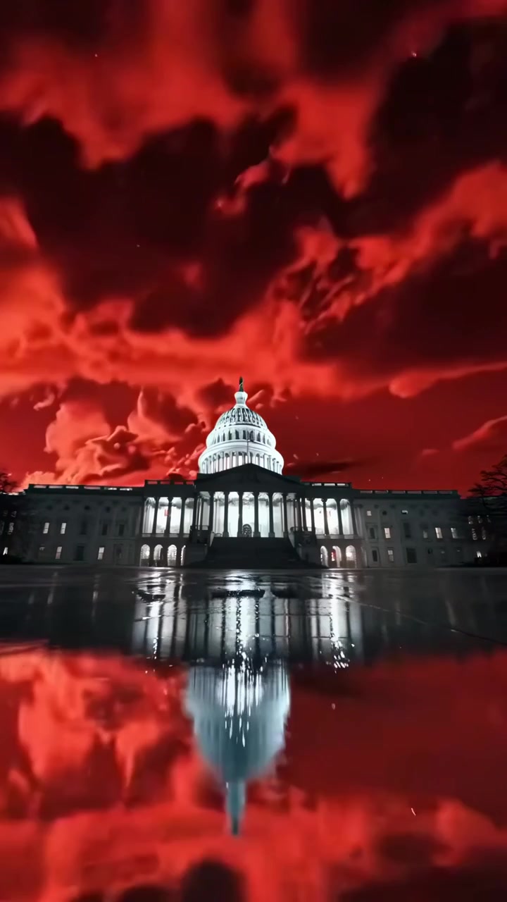 Campidoglio degli Stati Uniti sotto un drammatico cielo rosso e tempestoso
