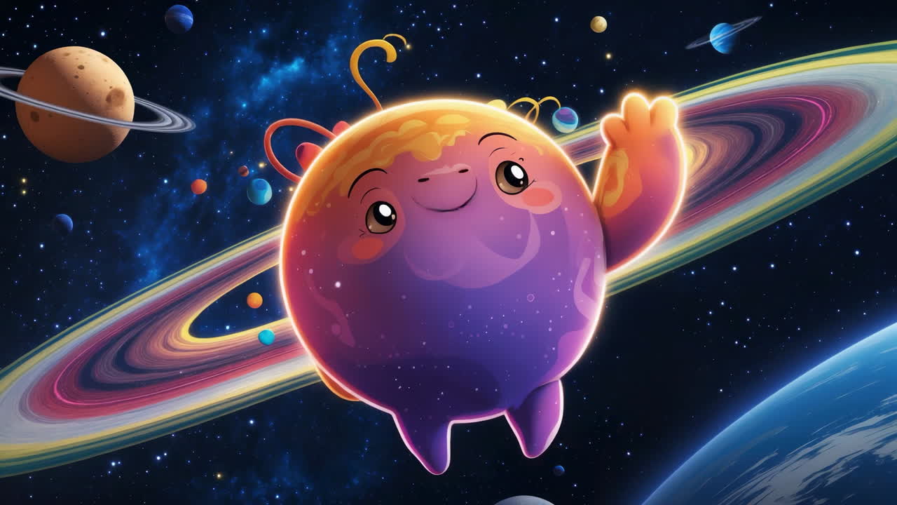A friendly, colorful alien character waving in a vibrant space scene with planets and stars