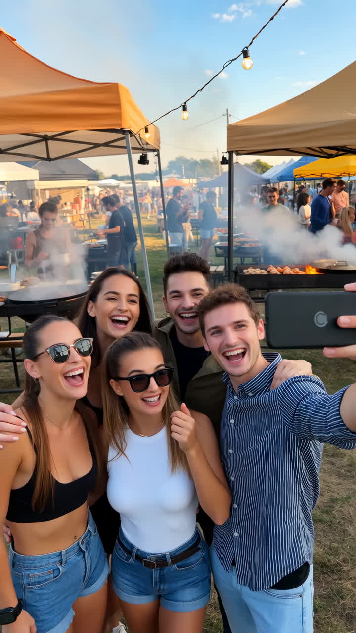 Amigos felizes tirando uma selfie em um festival de comida ao ar livre.