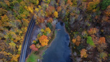 Imágenes-De-Arriba-Hacia-Abajo-De-Un-Dron-De-Una-Carretera-De-Montaña-Recién-Pavimentada-Que-Serpentea-A-Través-De-Un-Hermoso-Y-Colorido-Bosque-Otoñal