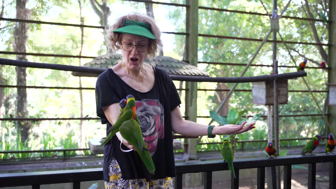 Mujer turista alimentando loros loriquitos coloridos en el Parque de Aves de Kuala Lumpur, Malasia