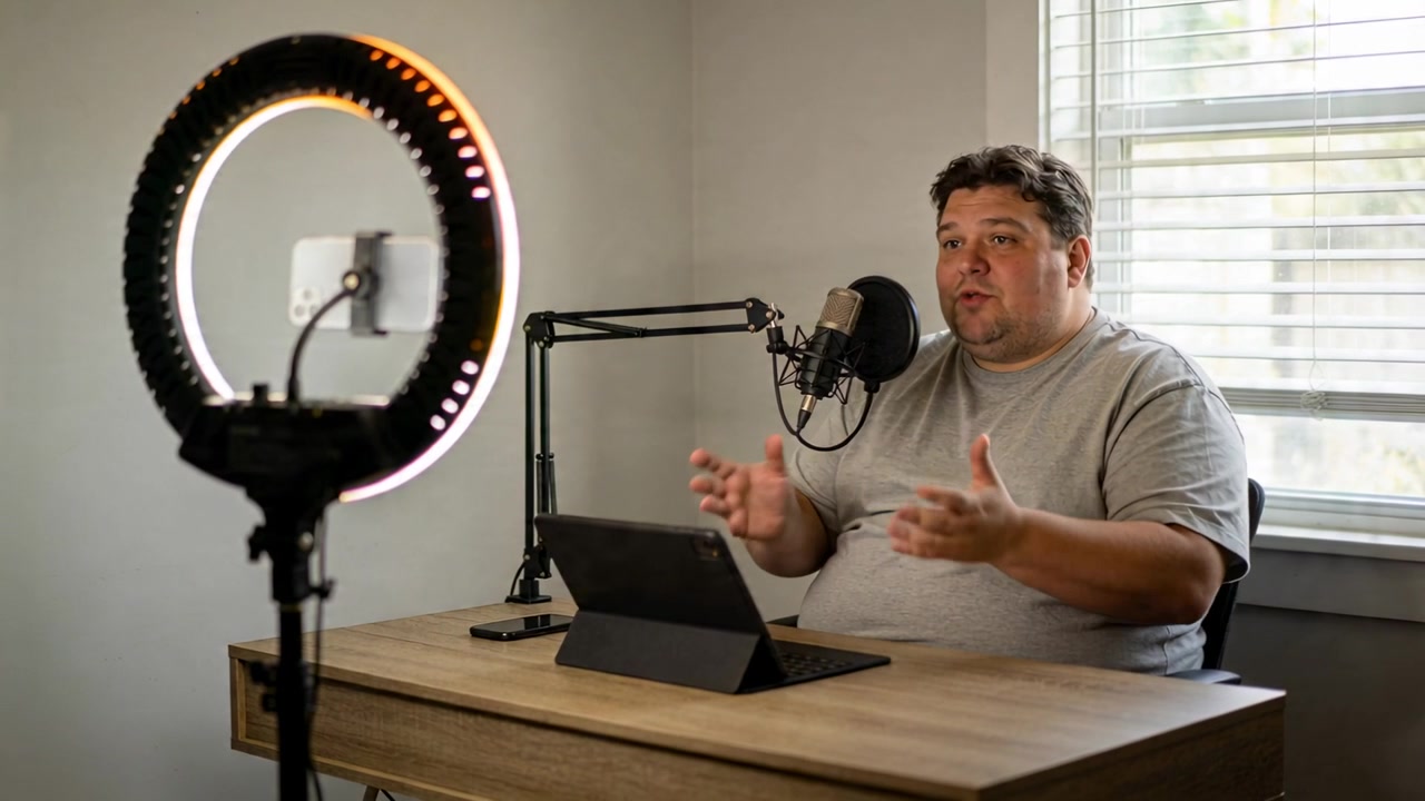 Creador de contenido grabando, con camiseta, hablando a un micrófono en un escritorio en casa con un aro de luz, consultando una tableta.