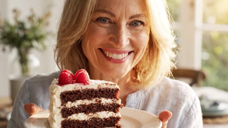 Un momento delizioso: una donna gioiosa con una torta al cioccolato guarnita con lamponi, che cattura l'essenza della felicità e della convivialità in un bellissimo ambiente domestico.