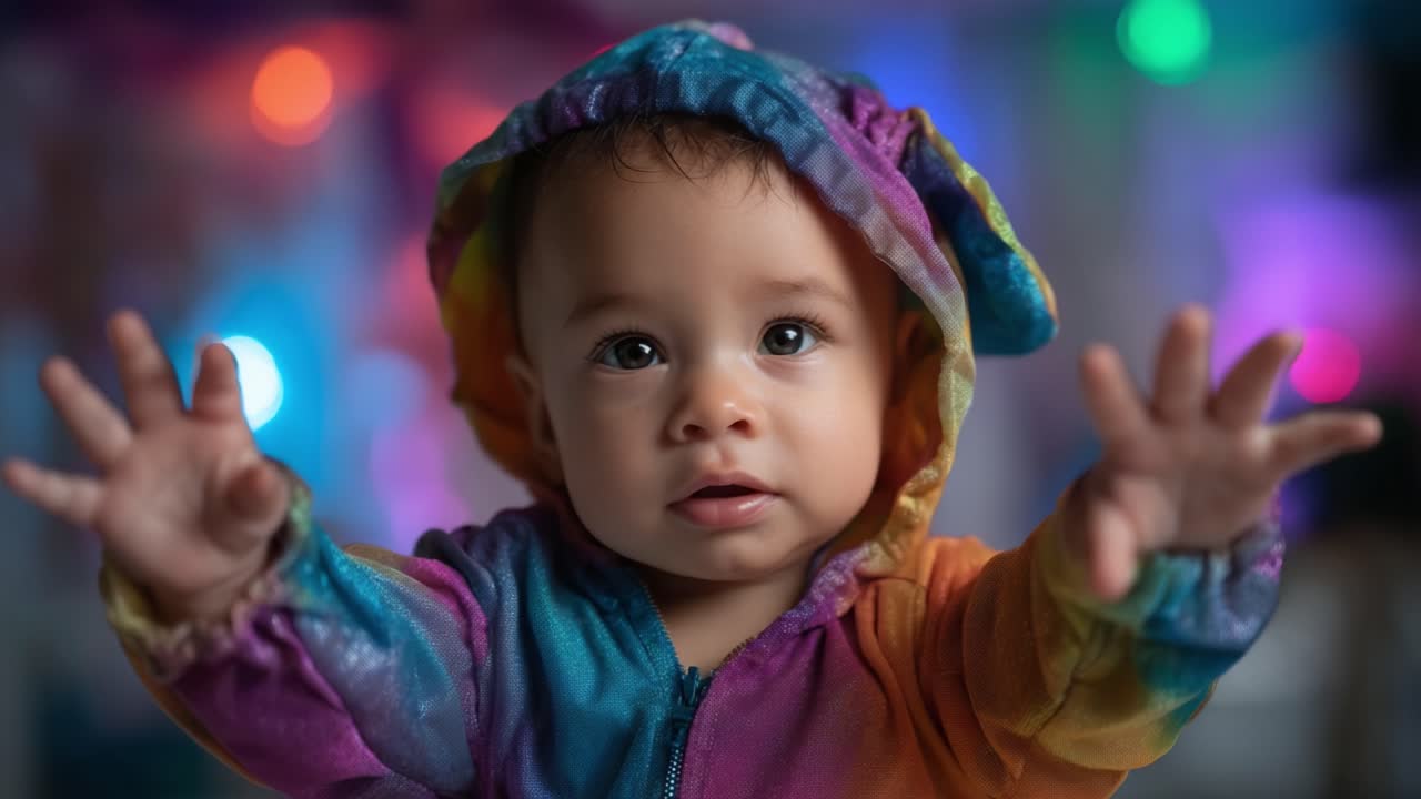 Bebê adorável de casaco colorido estendendo a mão com expressão alegre contra um plano de fundo brilhante e colorido, cheio de luzes suaves e desfocadas e felicidade