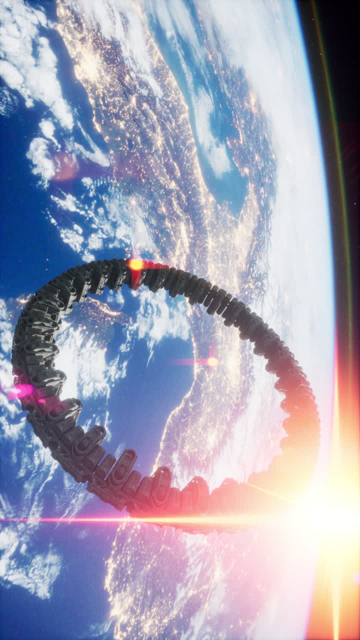 una nave espacial en forma de anillo orbita la tierra por la noche