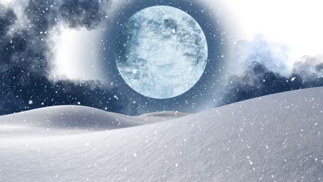 Digital-animation-of-snow-falling-over-winter-landscape-against-moon-in-night-sky