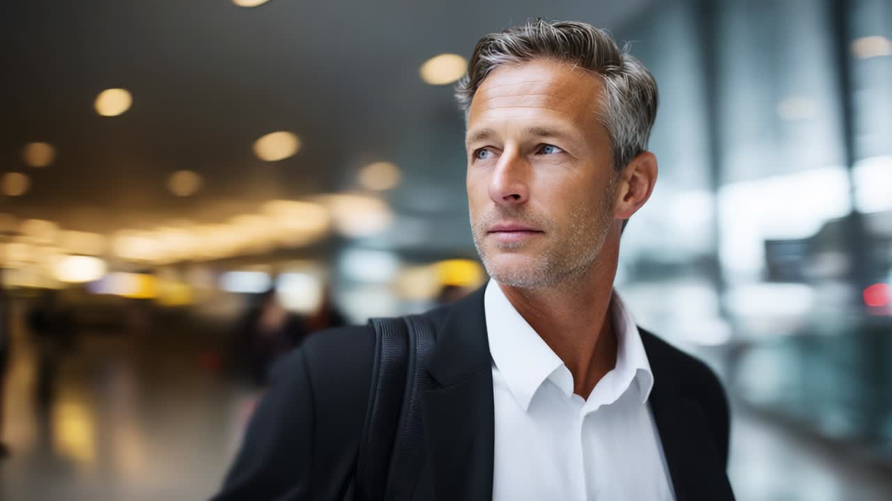 Sikker forretningsmand med stilfuldt gråt hår, der går gennem en moderne lufthavnsterminal mod en blødt sløret baggrund, udstråler professionalisme og elegance i et smart jakkesæt og hvid skjorte