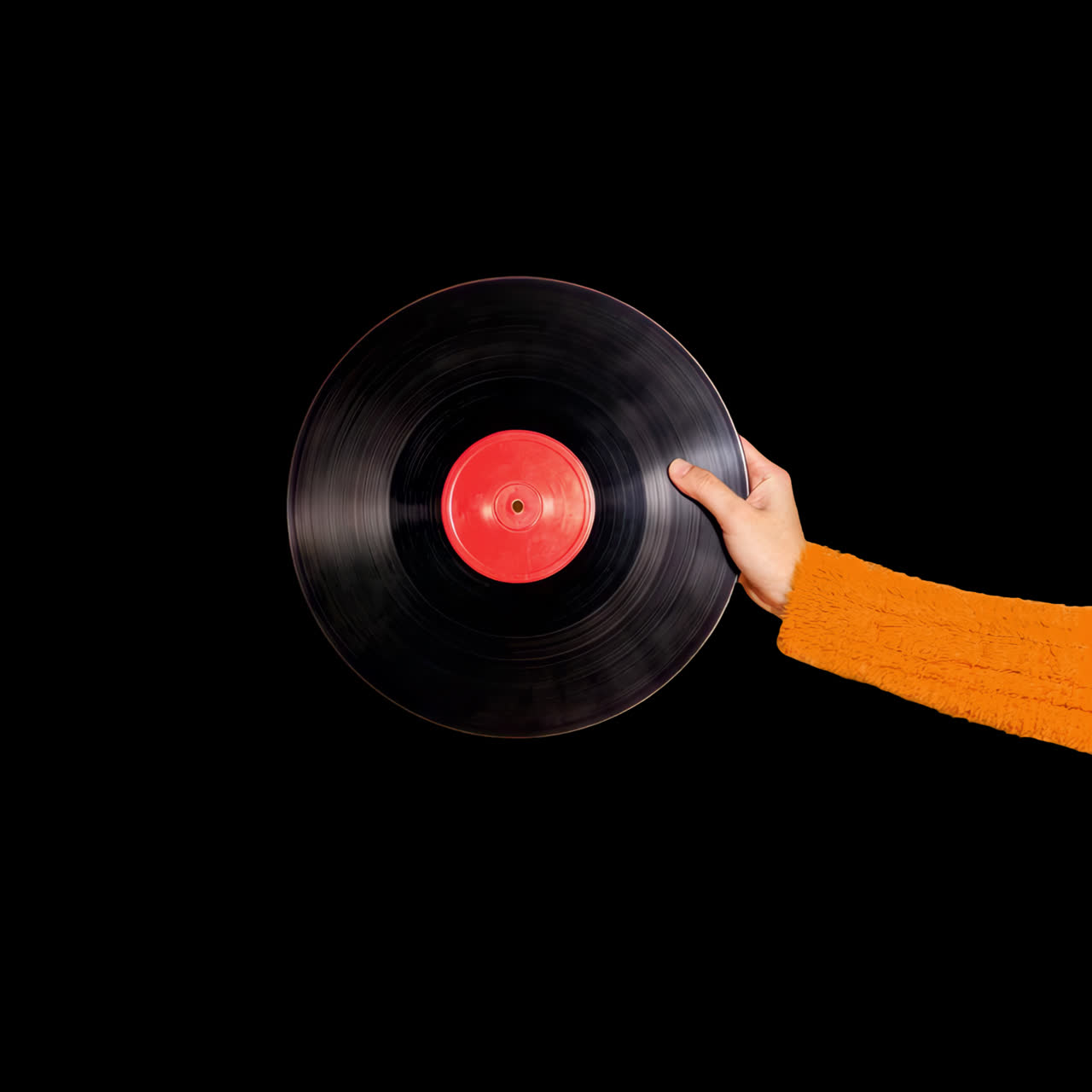 Hand holding vintage vinyl record animation isolated asset, transparent 4K video, alpha channel
