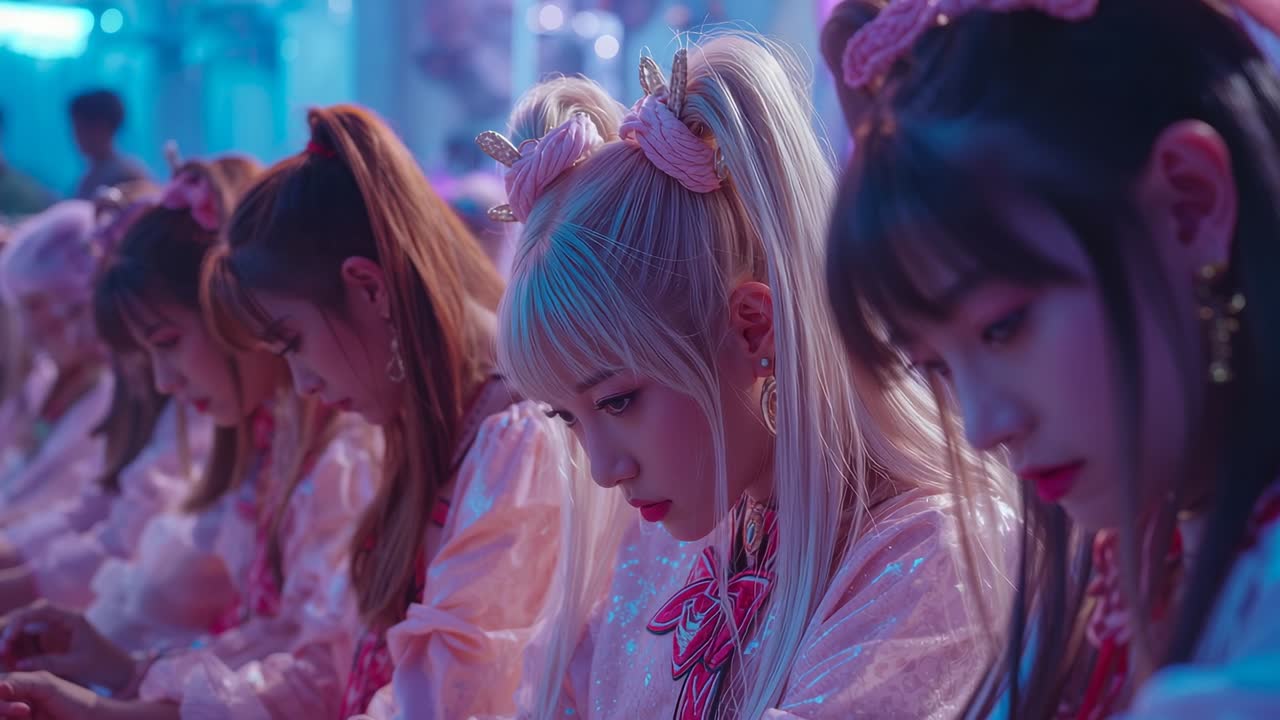 Leaning forward on frame, blonde performer wearing pink outfit typing on keyboard at neon-lit venue