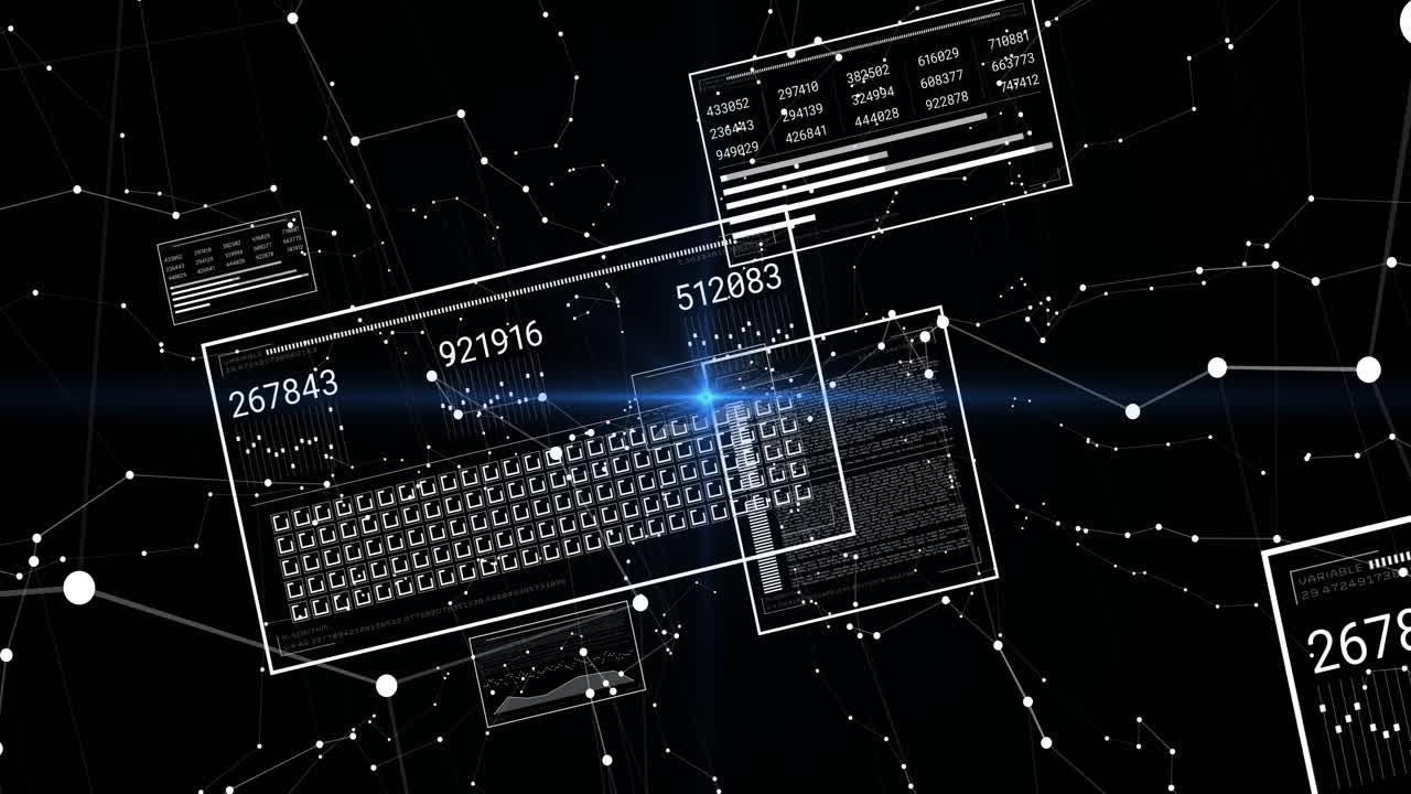 Animation of digital interface with keyboard and numbers, showcasing data connections
