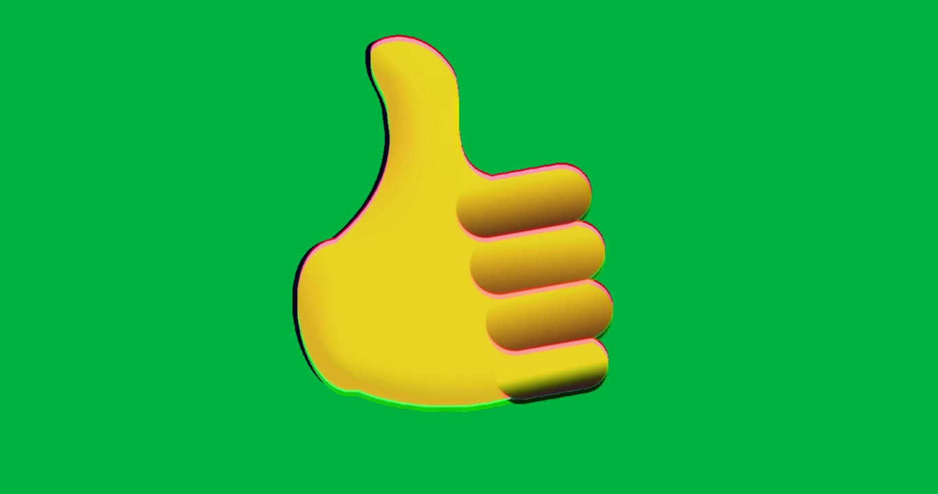 Thumbs-up icon floating on transparent background, showcasing glitchy technology approval concept