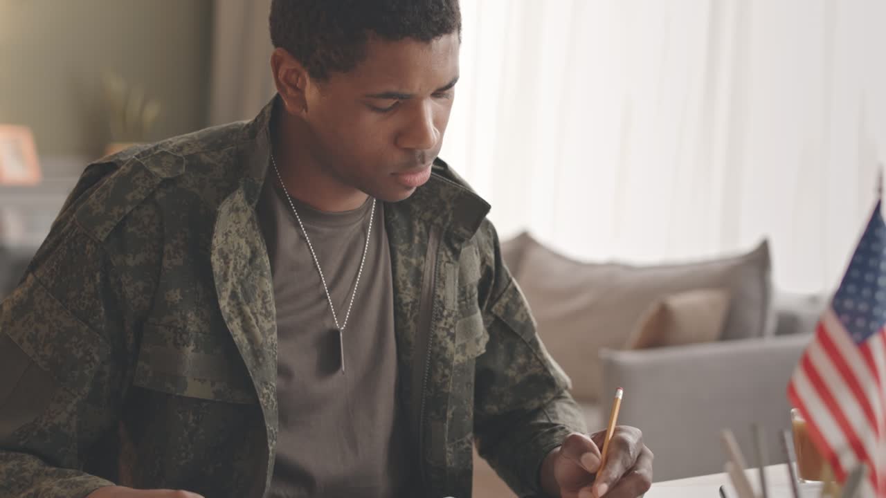 Black Army Officer Working from Home