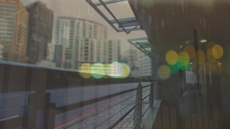 animation of financial data processing over cityscape