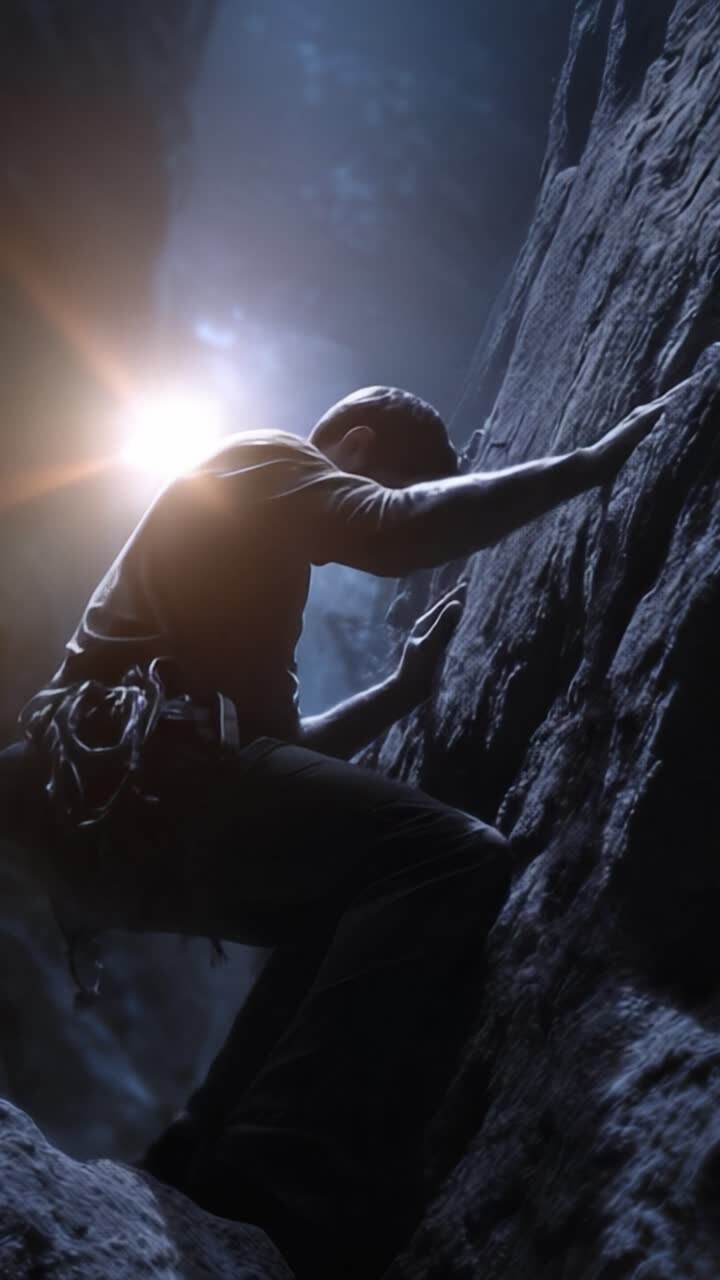 The Journey of a Climber: Overcoming Challenges in a Mysterious Cave with the Light Guiding the Path to Success
