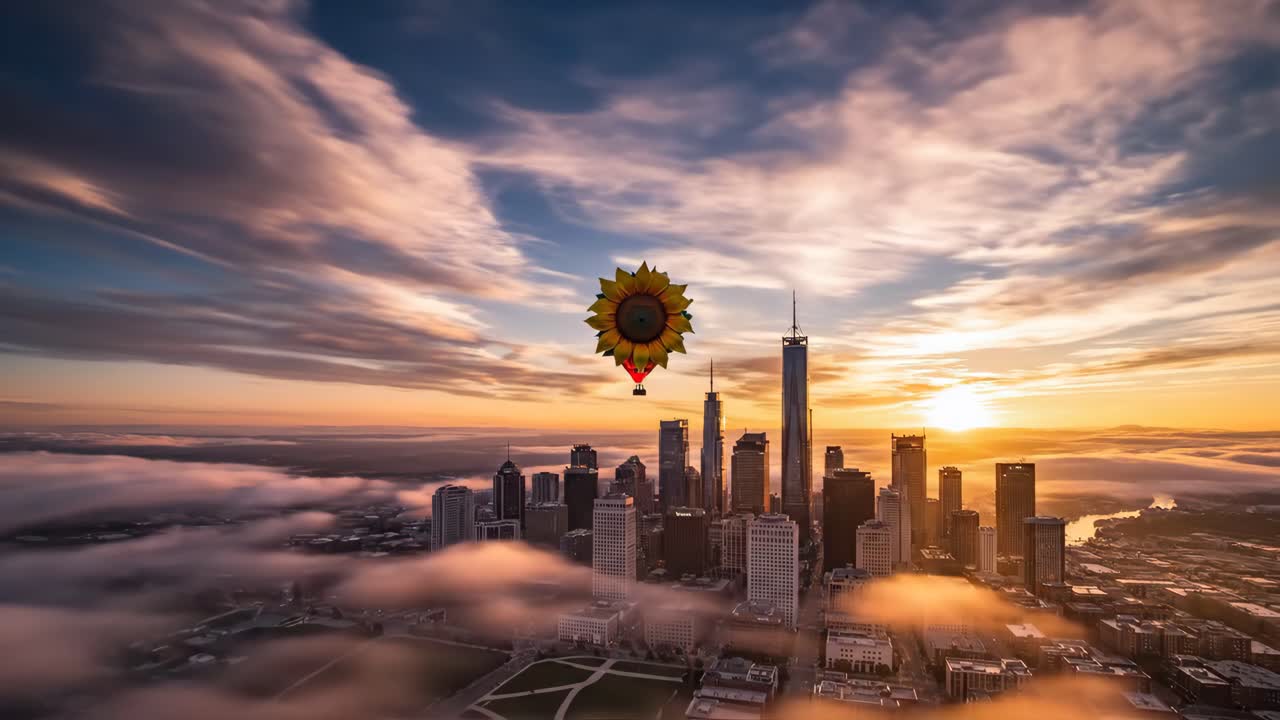 Sunflower Hot Air Balloon Over City at Sunrise
