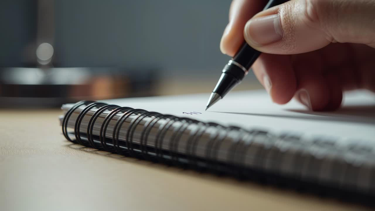 Lowering right-hand with black pen to page, noting on spiral-coil notebook at wood desk, copy space