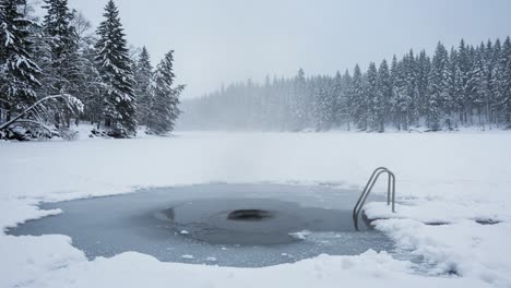 a serene winter oasis: tranquil ice-surrounded hot spring in a snowy landscape reveals the stillness and beauty of nature amidst the chilling cold