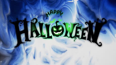 animación de texto feliz de halloween y fondo de humo azul y blanco