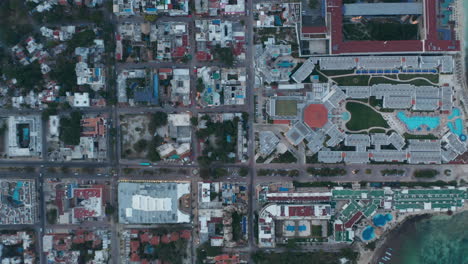 Holiday-resorts-on-the-shoreline-of-Caribbean-Sea.-Stunning-cityscape-of-Playa-del-Carmen.-Aerial-Birds-Eye-Overhead-Top-Down-View