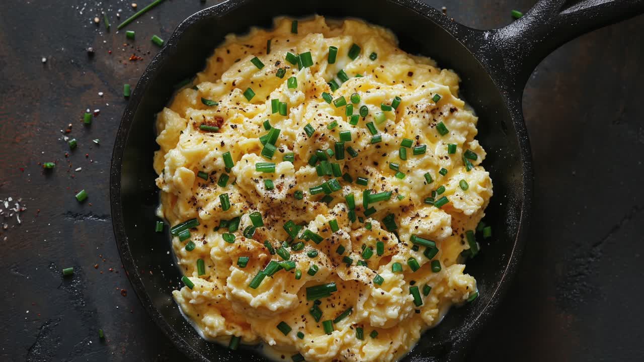 Scrambled Eggs Garnished with Chives in a Cast Iron Pan