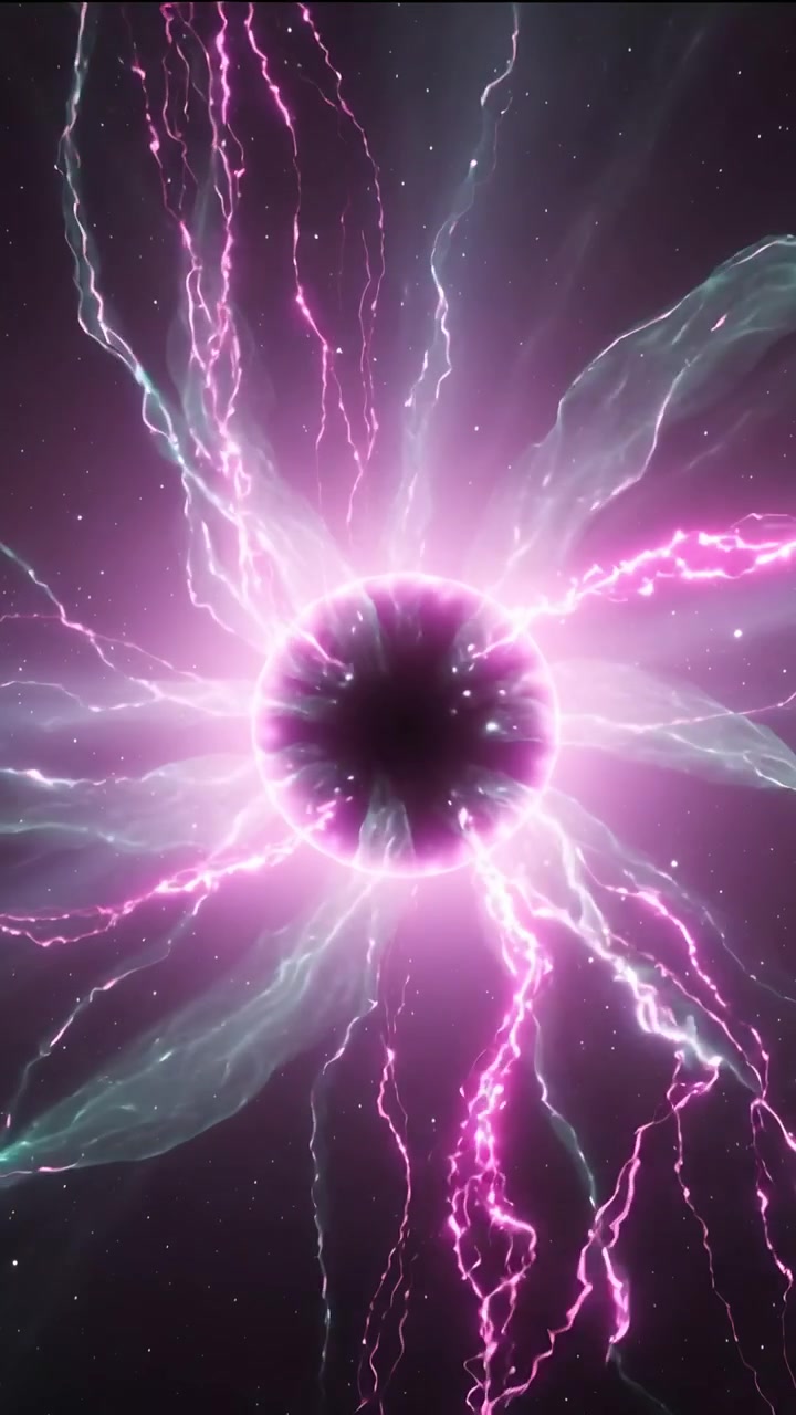 Video verticale: Nucleo scuro pulsante che emette fulmini rosa e nastri ciano in un campo stellare, illuminando il bordo