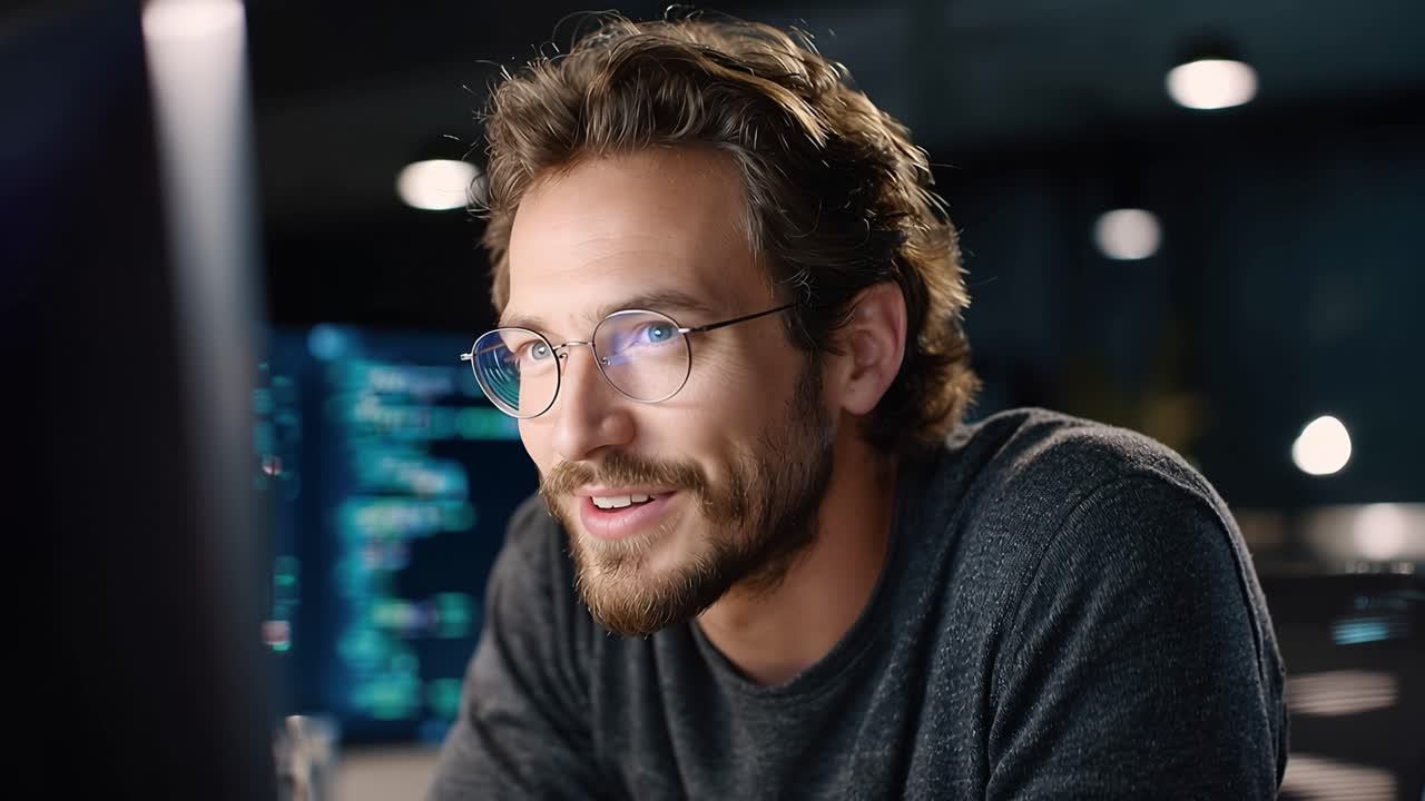 Focused and Engaged: A Man in Glasses Working Intently on His Computer While Analyzing Data and Solving Complex Problems in a Modern Office Environment