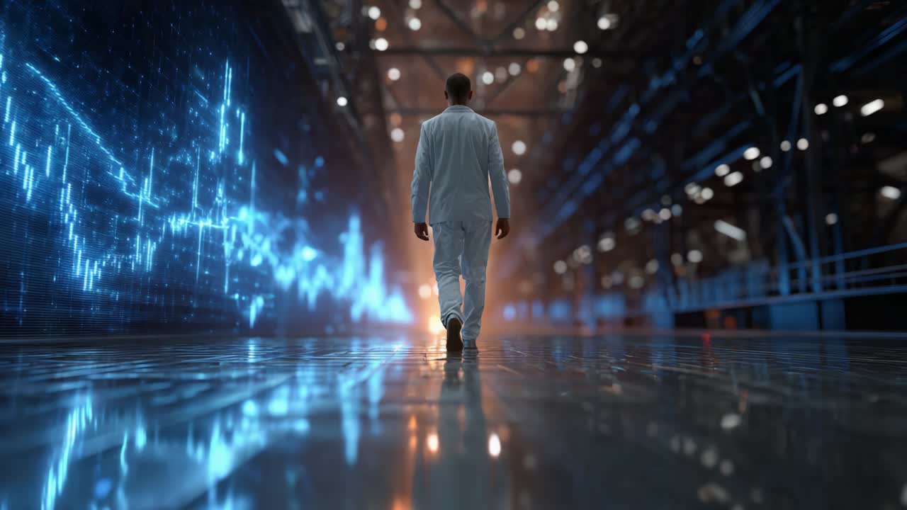 A solitary figure in a white suit strides confidently down a futuristic corridor illuminated by blue digital patterns, representing progress and technology in a modern industrial setting, highlighting innovation and exploration