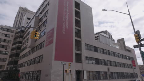 deserted sidewalk by presbyterian hospital during coronavirus outbreak
