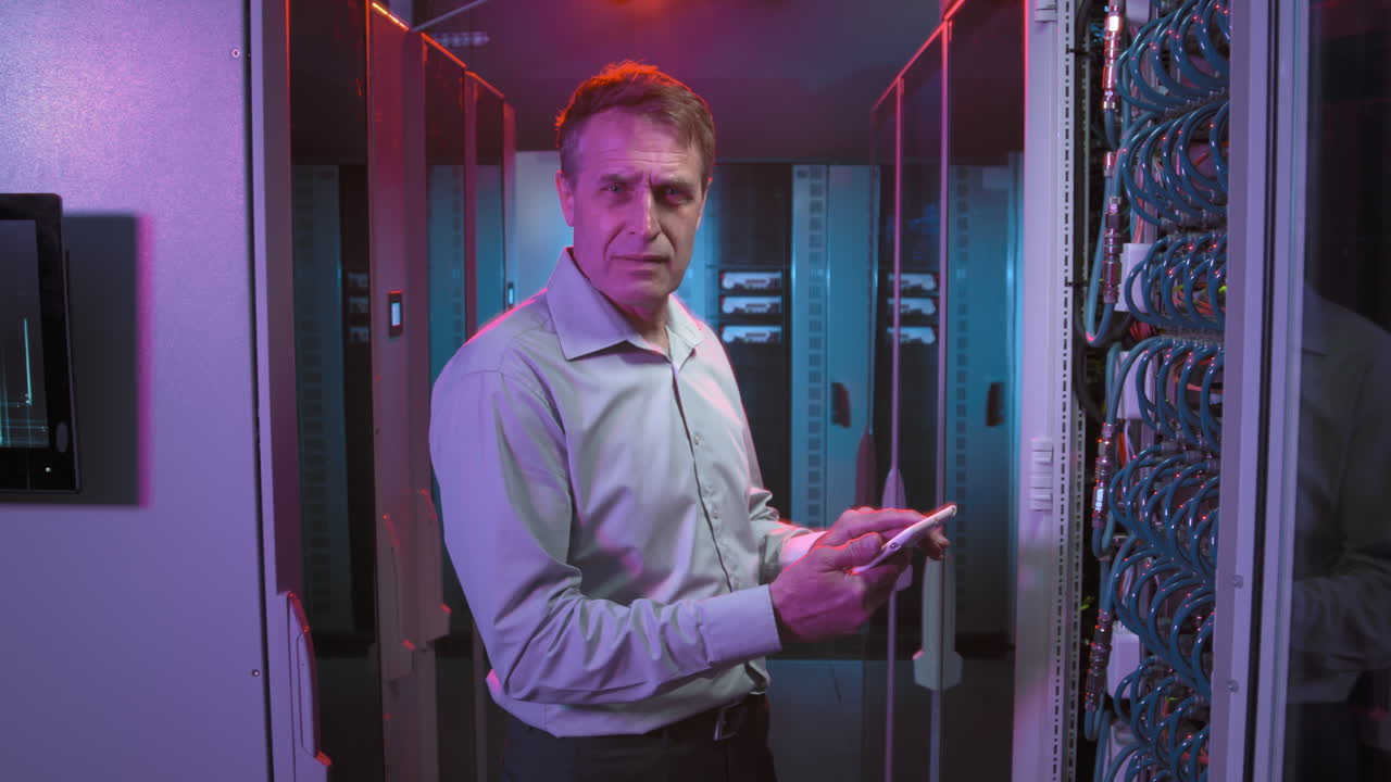 Middle-Aged Man in Server Room of Data Center