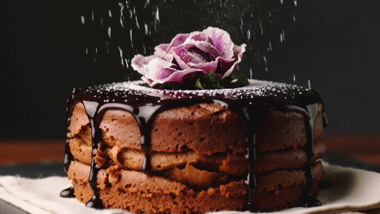 Sifter releasing sugar dusting chocolate cake with ganache and pink flower on dark slate to serve