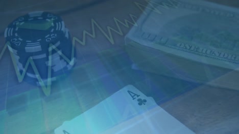 Animation-Der-Datenverarbeitung-über-Casino-Chips-Und-Spielkarten-Sowie-Darauf-Liegende-Amerikanische-Dollarnoten