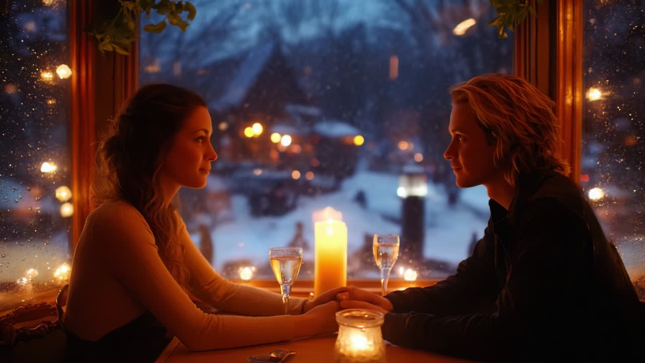 A Romantic Dinner Date by Candlelight: Two Women Share a Tender Moment at an Intimate Restaurant Surrounded by Snowy Views and Soft Warm Lights, Capturing the Essence of Love and Connection